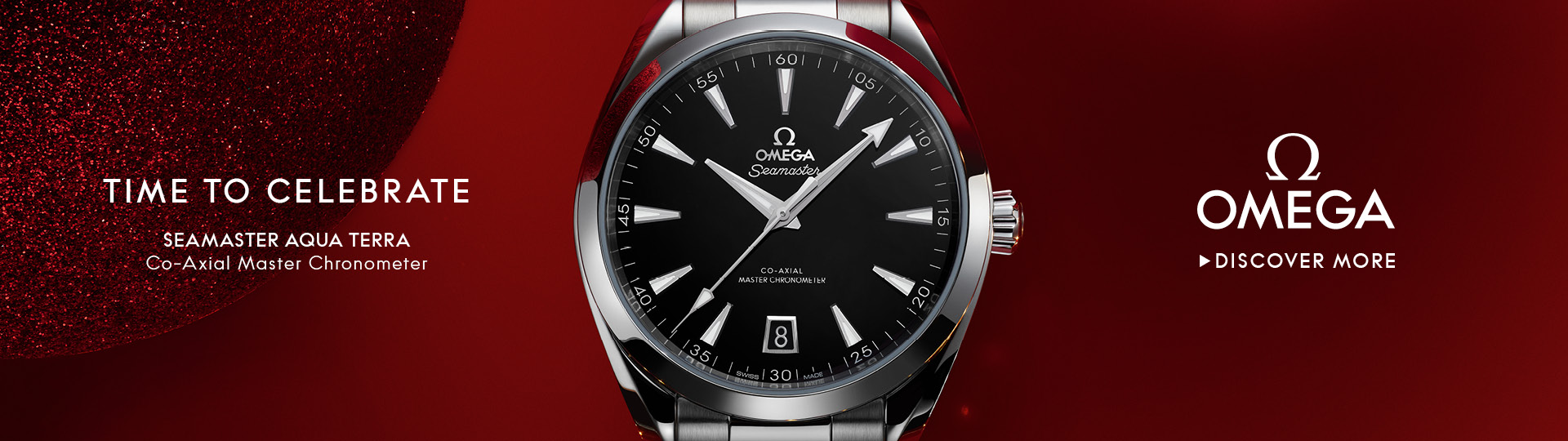 Banner with an Omega Speedmaster Moonwatch on a clean gray background