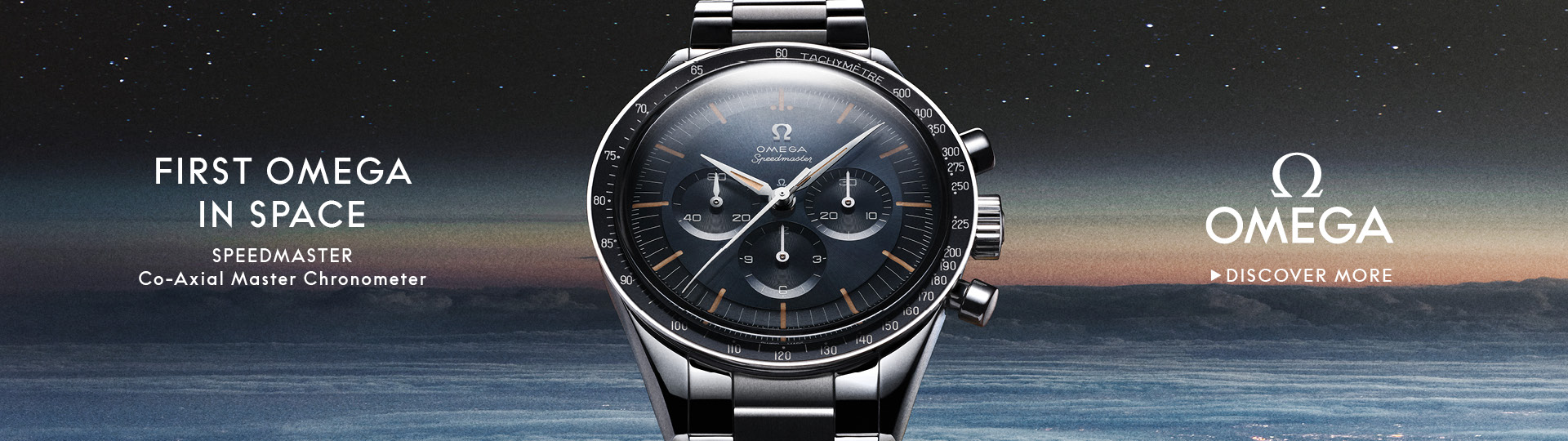 Banner with an Omega Speedmaster Moonwatch on a clean gray background
