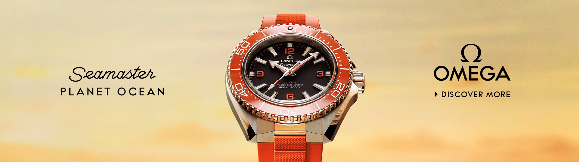 Banner with an Omega Speedmaster Moonwatch on a clean gray background