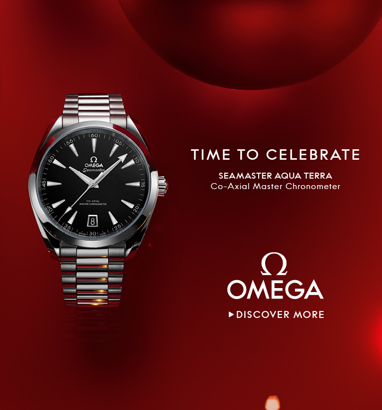 Banner with an Omega Speedmaster Moonwatch on a clean gray background