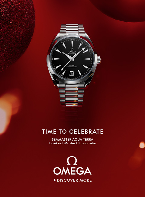 Banner with an Omega Speedmaster Moonwatch on a clean gray background