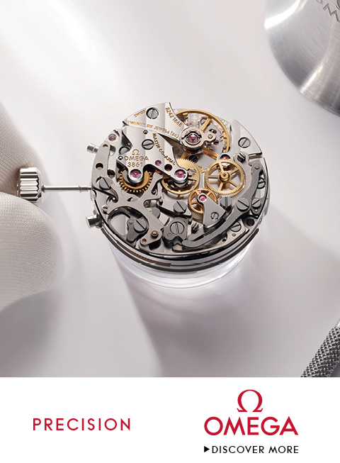 Banner with an Omega Speedmaster Moonwatch on a clean gray background