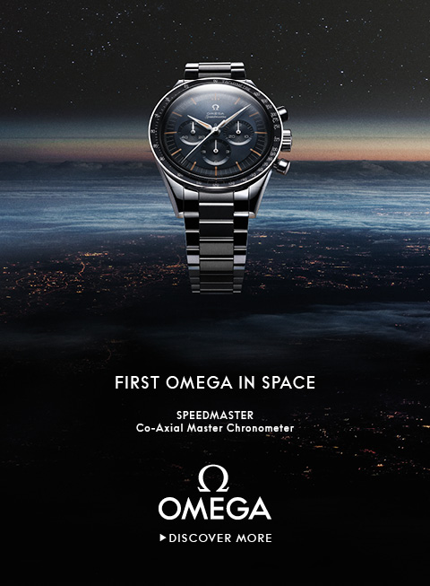 Banner with an Omega Speedmaster Moonwatch on a clean gray background