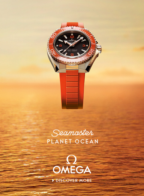 Banner with an Omega Speedmaster Moonwatch on a clean gray background