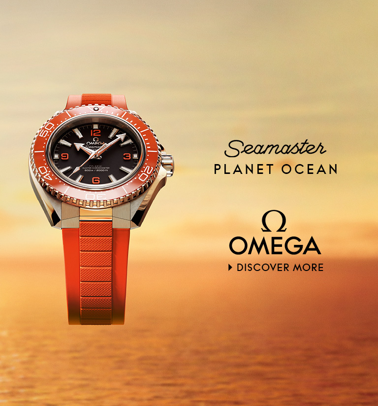 Banner with an Omega Speedmaster Moonwatch on a clean gray background