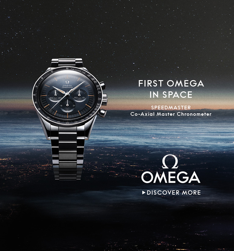 Banner with an Omega Speedmaster Moonwatch on a clean gray background